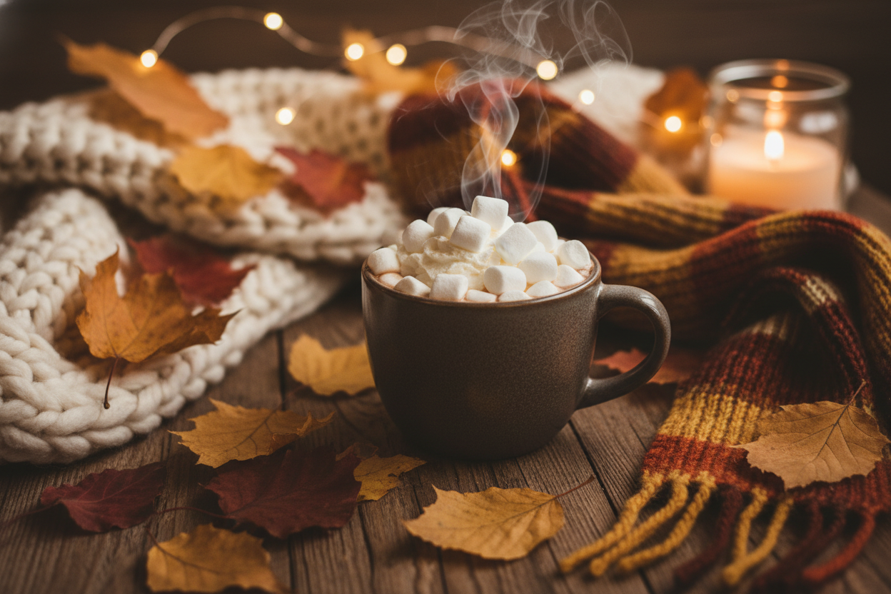cozy fall with hot cocoa